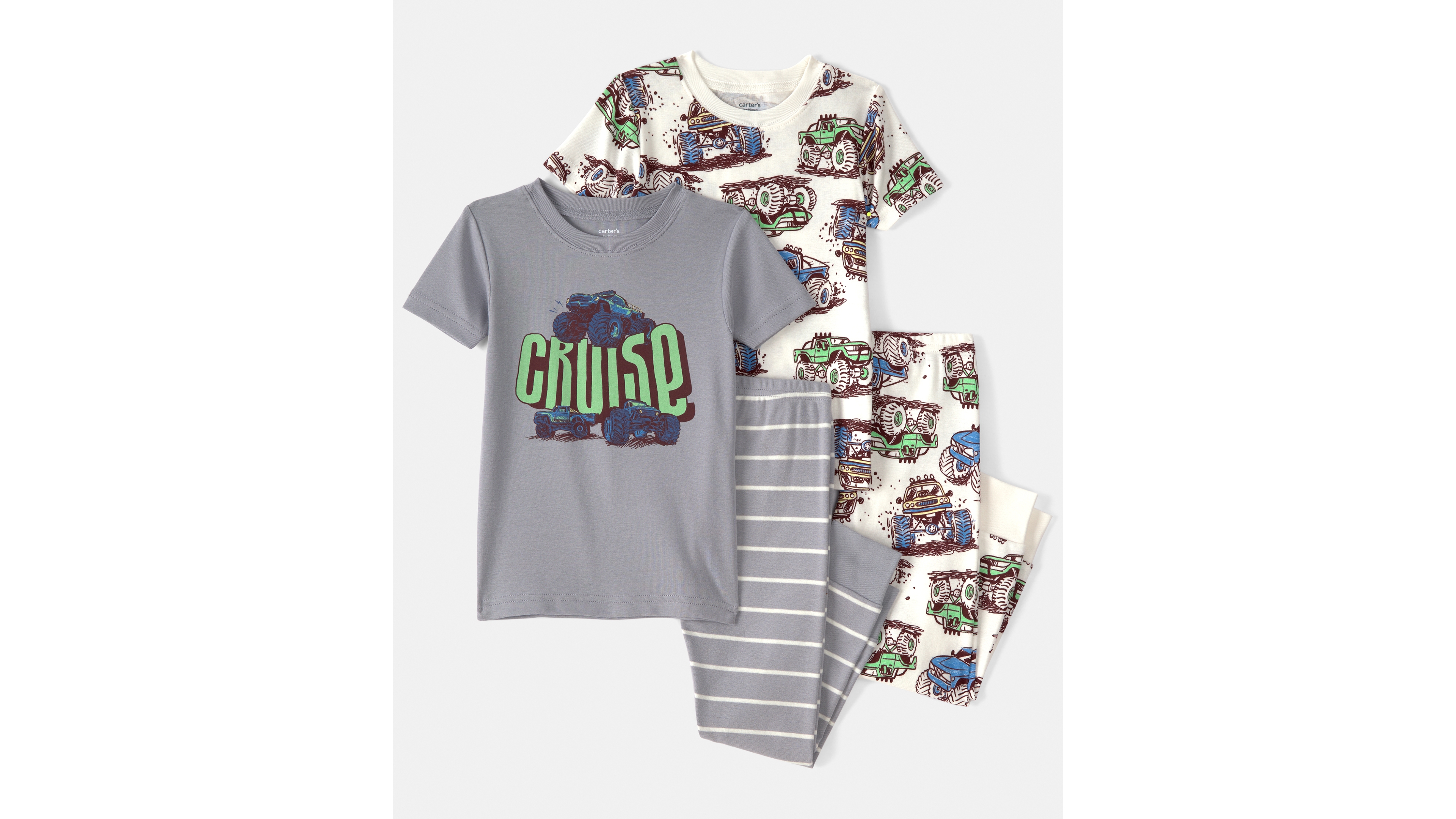 Carter's Boys' Toddler 2T-5T Monster Truck Print Top and Pajama Pants, 4-Piece Set