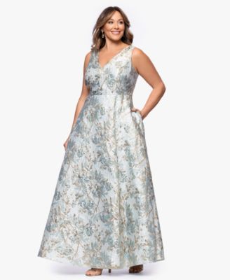 Plus Size V-Neck Glitter Brocade Long Ball Gown