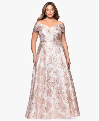 Plus Size Off-The-Shoulder Brocade Ball Gown