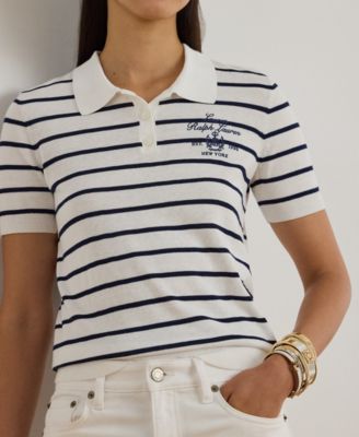 Petite Striped Short-Sleeve Polo Sweater