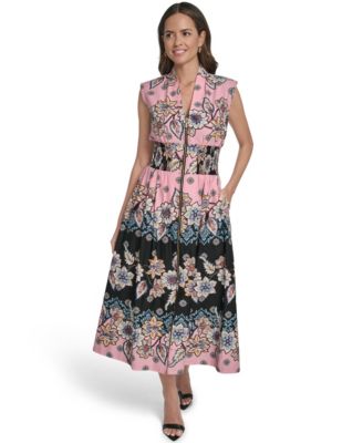 Women's Front Zip Smock Waist Midi Dress