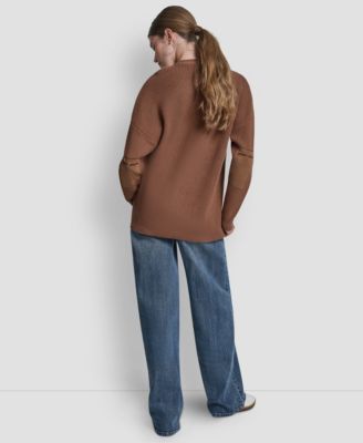 Women's Relaxed V-Neck Shaker Stitch Cardigan With Suede Logo Patch