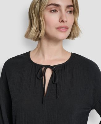 Women's Long-Sleeve Double Crepe Gauze Tie Neck Crop Top