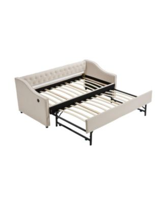 Twin Upholstered Daybed with Trundle, USB, Pockets, Velvet, Button Tufted