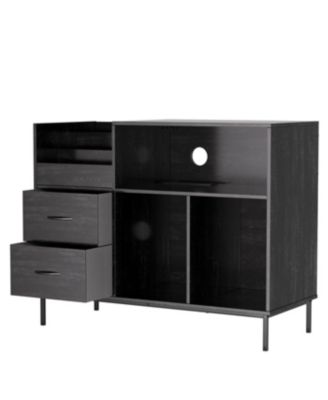 Record Player Stand with Power Outlet, Flip-Down Lid, Storage