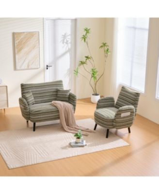 Modern two-seater sofa with armrests, pillows, and storage pockets.