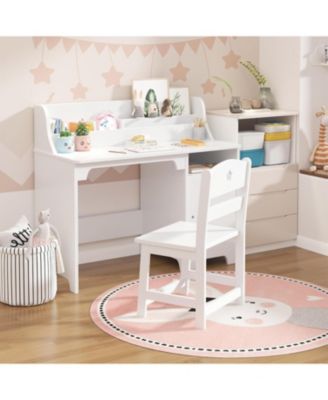 Kids Desk and Chair Set, Wooden Study Table with Hutch and Storage Cabinet, Student Writing Desk for Home or Classroom