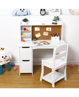 Kids Study Desk and Chair Set, Wooden Desk with Bookshelf, Bulletin Board and Storage for Home or School
