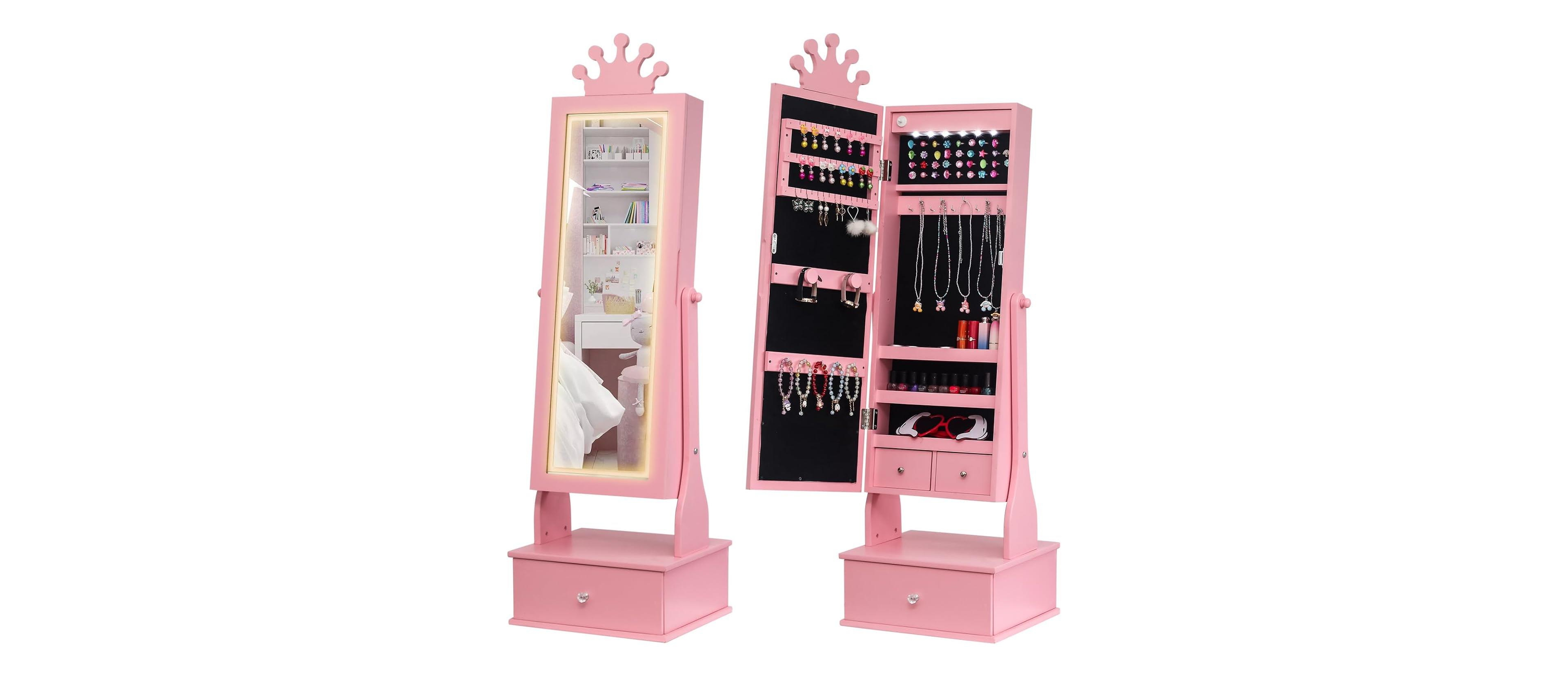 Gaomon Kids Jewelry Armoire with Led Light, Freestanding Organizer Mirror & 3 Drawers