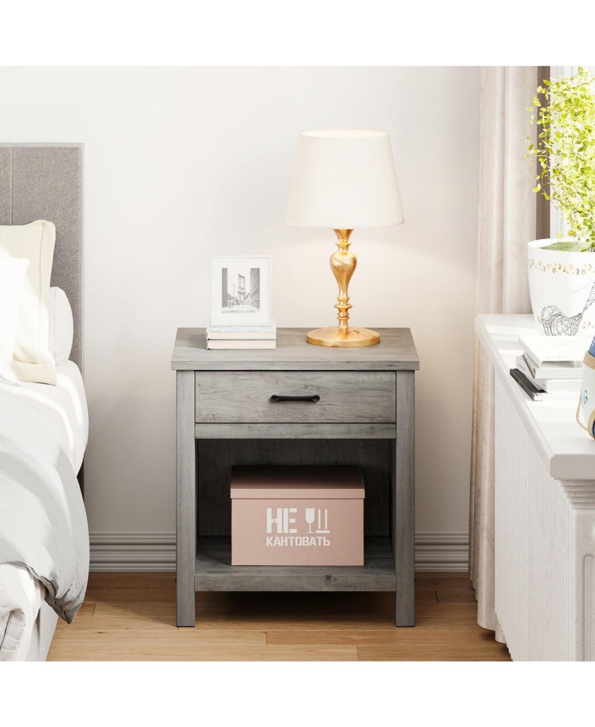 Gaomon Farmhouse Nightstand, Rustic Bedside Table with Drawer & Storage Shelf for Bedroom and Living Room