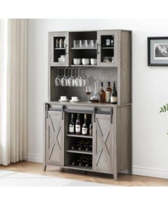 70" Kitchen Pantry Cabinet with Sliding Barn Door, Coffee Bar, Wine and Stemware Rack, Adjustable Shelves, Gray