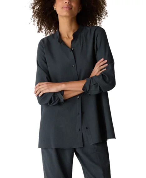 Petite Mandarin Collar Button Front Shirt - Eucalyptus