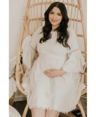 Beige Raw Edge Bell Sleeve Babydoll Maternity Dress