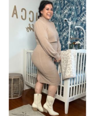 Maternity Taupe Rib Knit Mock Neck Nursing Dress