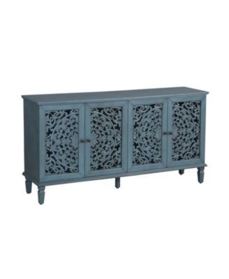 Streamdale 60" Antique Blue Buffet Cabinet - Floral Carvings, Solid Wood Legs