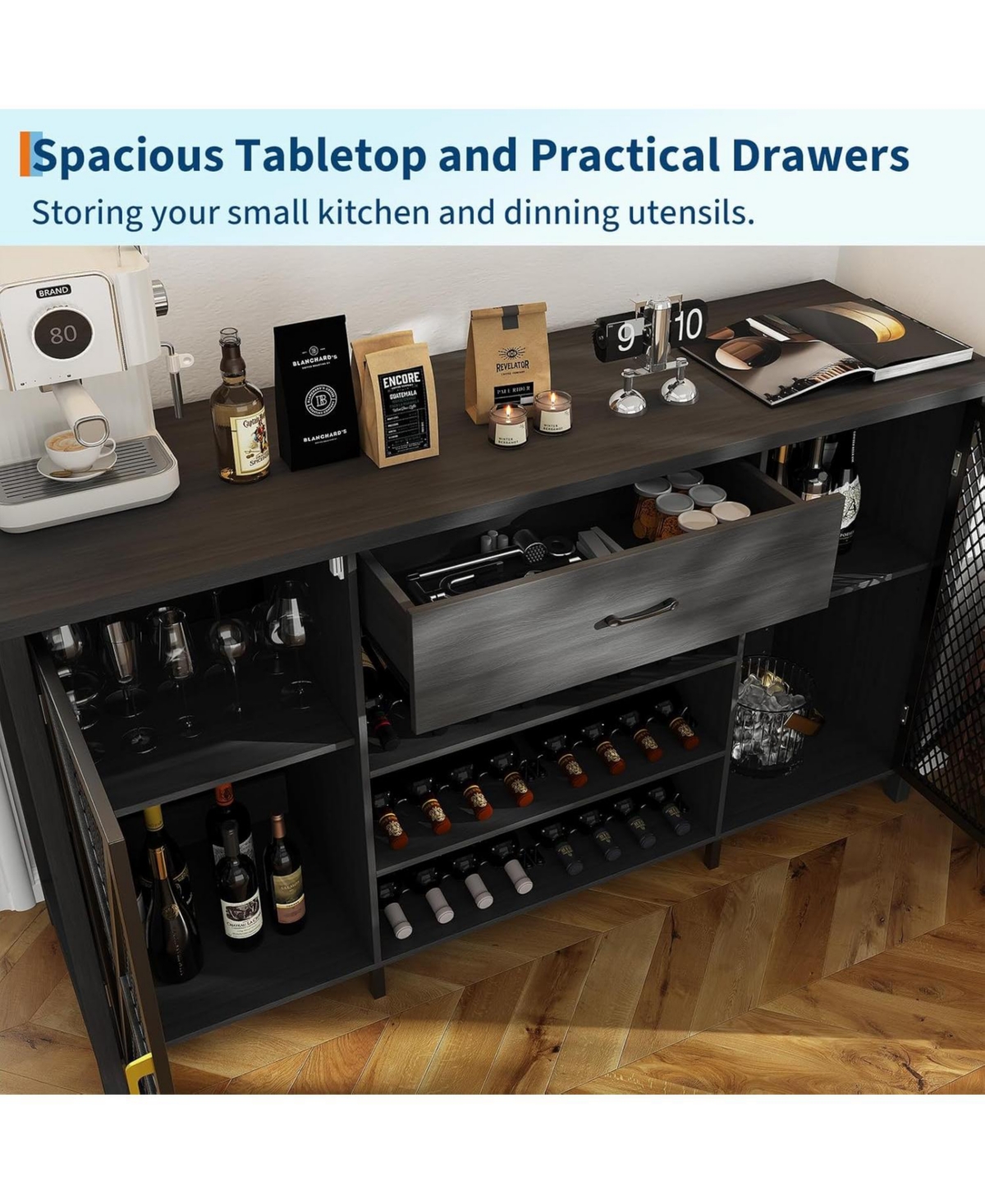 gaomon 71in Wine Bar Cabinet, Modern Buffet Cabinet with Storage Drawer and Adjustable Shelf, Industrial Coffee Bar Table