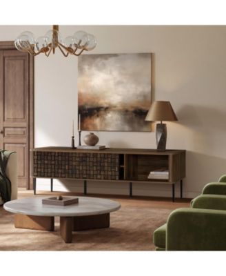 Dark Oak with Basket Weave Design Manufactured Wood 2-Sliding Door TV Console Cabinet