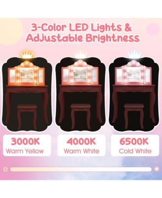 Kid Vanity Table Stool Set Tri-Folding Mirror Adjustable 3-Color LED