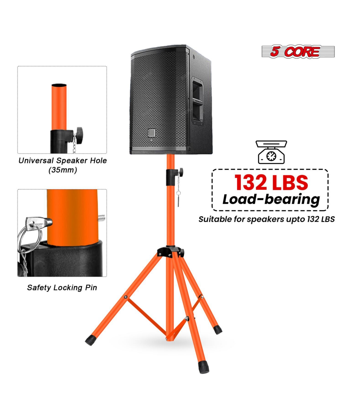 5 Core Speaker Stand Adjustable 31 to 54" Pa Dj Tripod Stands Heavy Duty w 35mm Insert 132 Lbs - Ss Hd 1 Pk 4.5 Ft