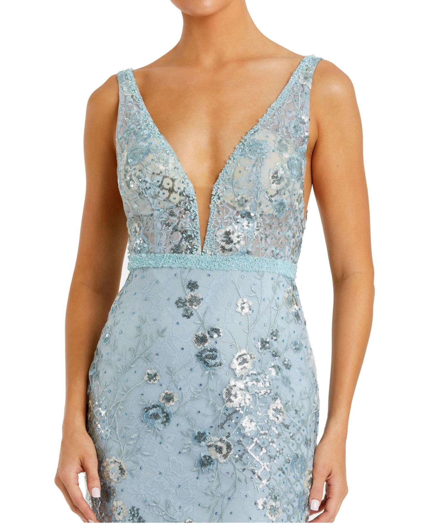 Женское платье Mac Duggal Floral Embellished Sleeveless Plunge Neck Gown, цвет: Морская пена — фото 3