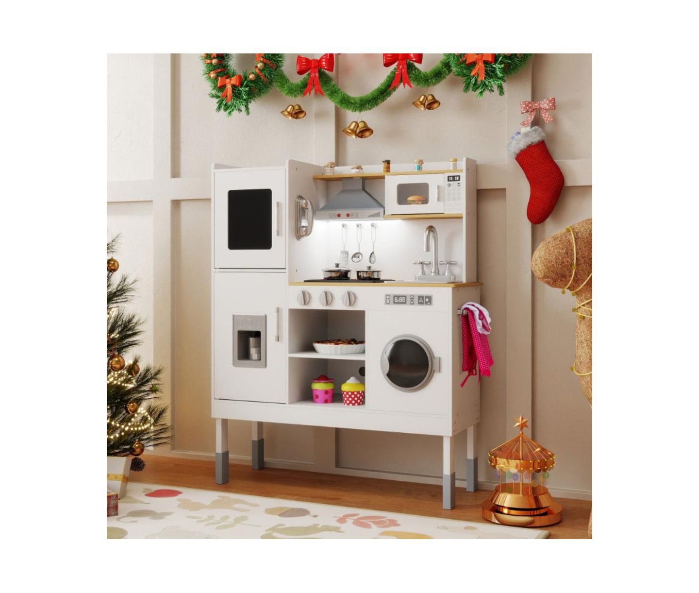 Детские игрушки HONGGE Adjustable-Height Wooden Play Kitchen Set, Ages 3+, цвет: Белый — фото 5