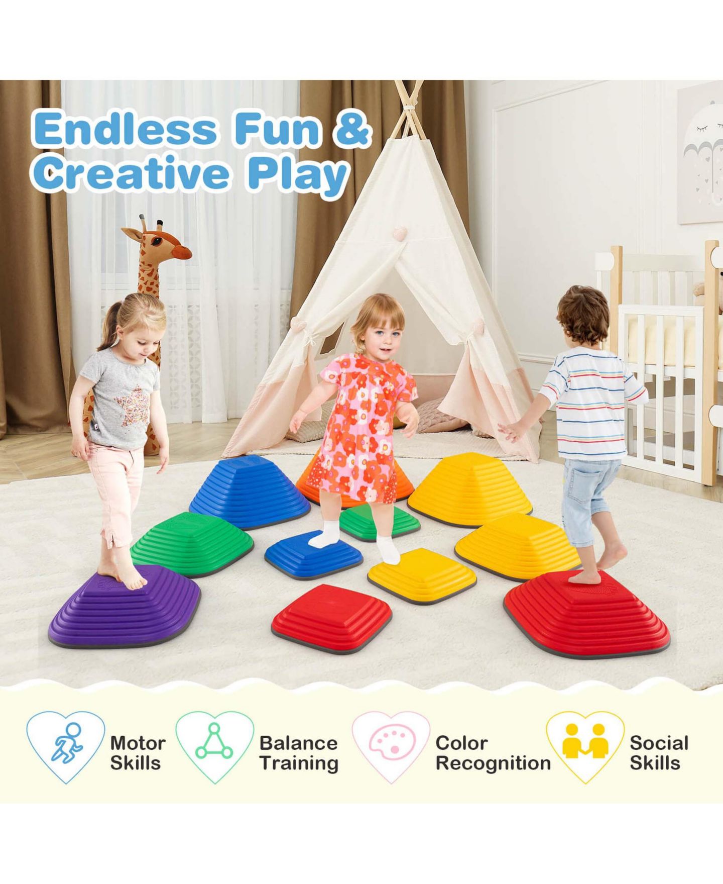Детские игрушки Costway 11-Piece Stepping Stones with Non-Slip Edge, Ages 3+, цвет: Жёлтый — фото 7