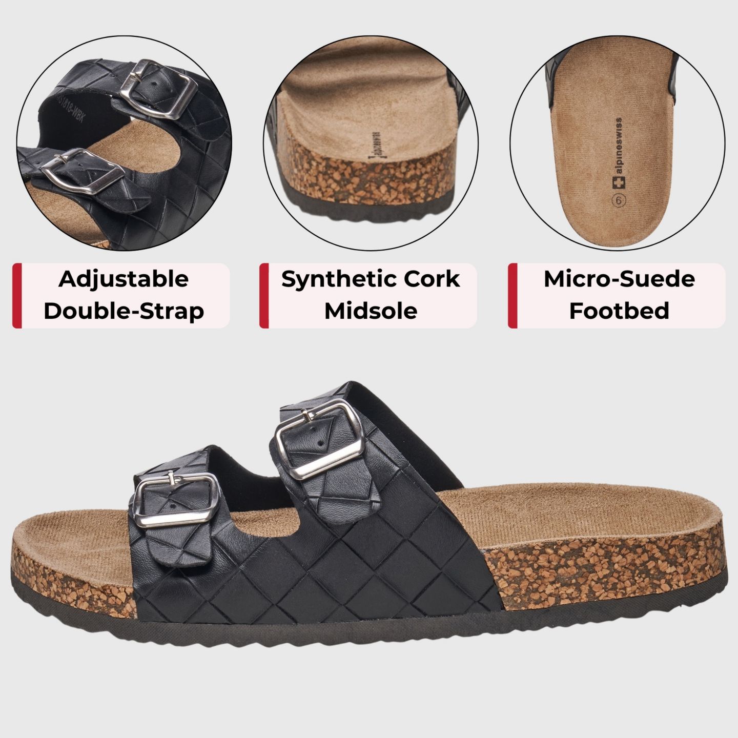 Мужские сандалии Alpine Swiss Double Strap Contour Sandals Slip on Buckle Slides Faux Leather Footbed Sandal Ergonomic Cork-Inspired Sole Summer Footwear, цвет: Чёрный — фото 2