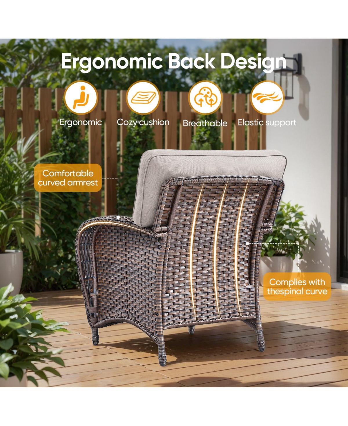 Gymojoy T-Frame Brown Wicker Outdoor Lounge Chairs with Olefin 5 In. Thick Cushions 2-Pack）