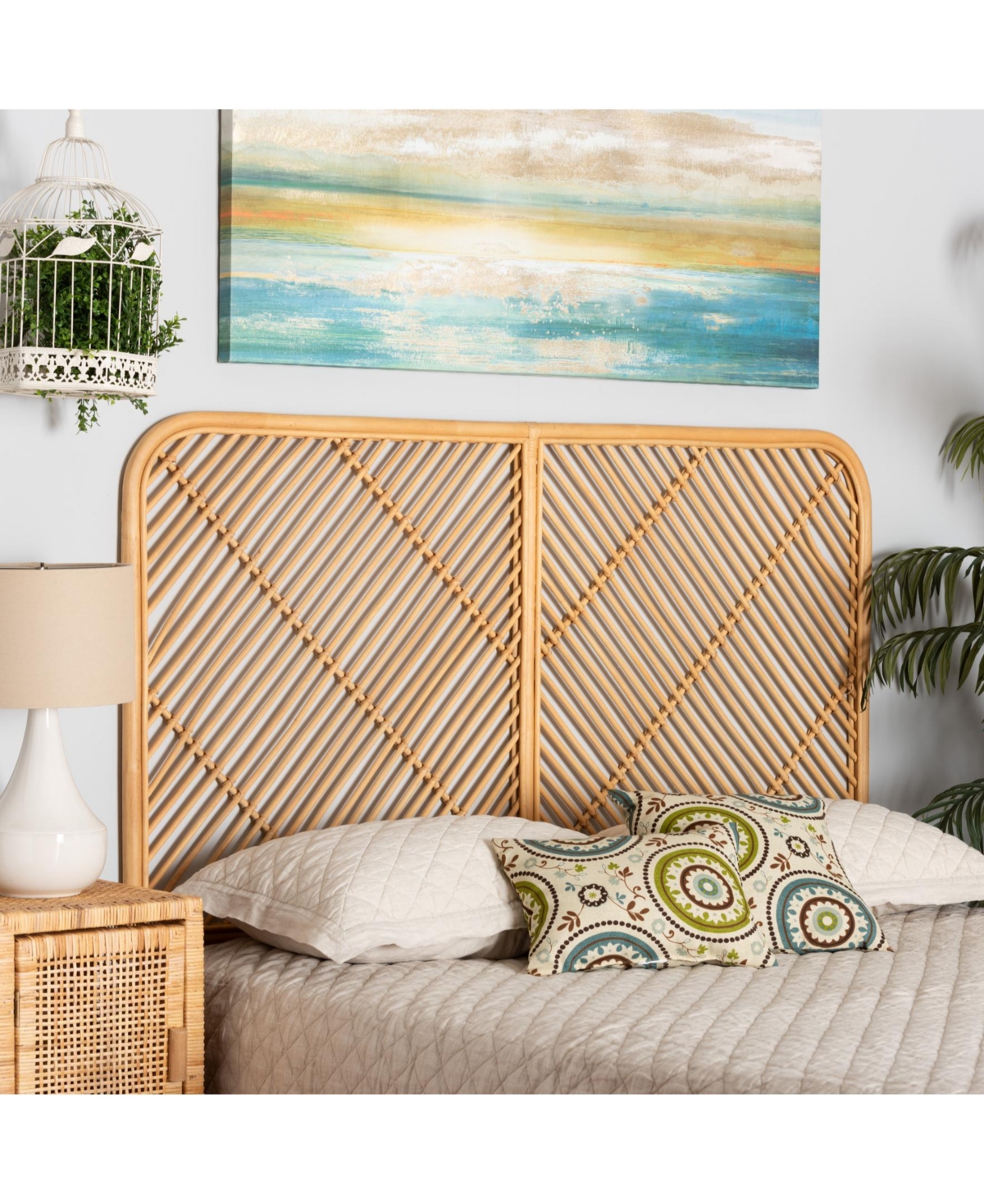 Furniture Sakina 2" Rattan Bohemian Queen Wall-mount Headboard