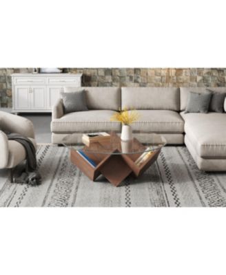 Round Coffee Table with Glass Top & Art Deco Base, Walnut, 35.4