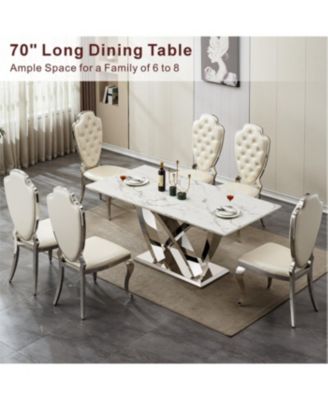 Marble Dining Table for 6, 70" Rectangle Faux Marble Table with Stainless Steel Base.
