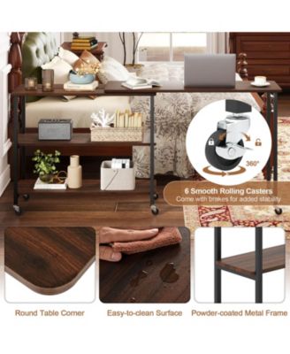 360° Rotation Mobile Laptop Table with 2-Tier Storage Shelves & 6 Universal Wheels