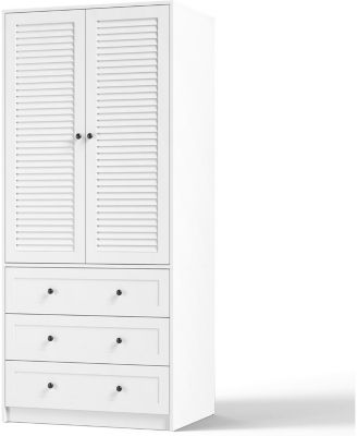 Modern Armoire Wardrobe Closet with 3 Drawers & 2 Doors, Tall Standing Wooden Cabinet for Hanging Clothes, Heavy Duty Storage