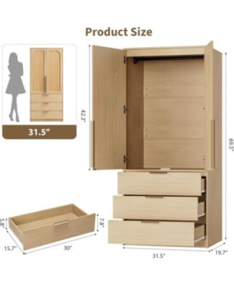 Armoire Wardrobe Closet with 3 Drawers and 2 Doors, Modern Tall Wooden Wardrobe Cabinet for Hanging Clothes, Bedroom Storage Organizer