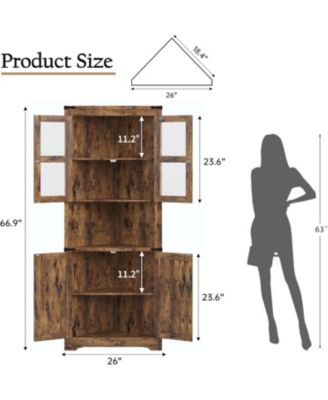67" Tall Corner Storage Cabinet with Lights, Farmhouse Wooden Corner Hutch with Glass Doors, Adjustable Shelves, Display Cabinet
