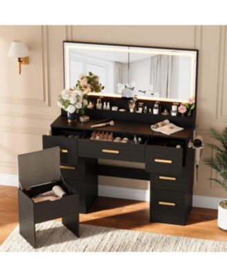 Vanity Desk with Large Lighted Mirror, 45.9" Makeup Vanity Table, 3 Light Modes & Power Outlet, 8 Drawers, Wall-Mounted, for Bedroom