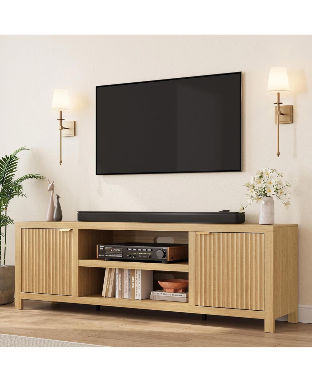 gaomon Fluted Tv Stand for 80 Inch Tv, Modern Entertainment Center with Storage, Media Console Gold Handles & Doors