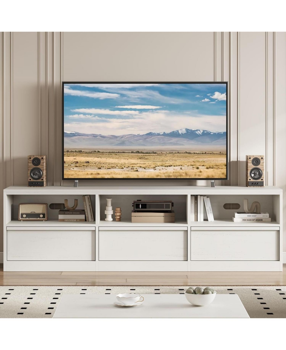 gaomon 70" Tv Stand for TVs up to 85", Mid Century Modern Entertainment Center with Drawer, Open Shelves & Cable Management