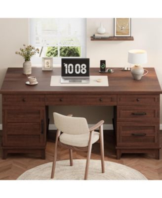 60" Farmhouse Executive Desk with File Drawers, Charging Station, Cabinet Storage, Home Office Computer Writing Desk