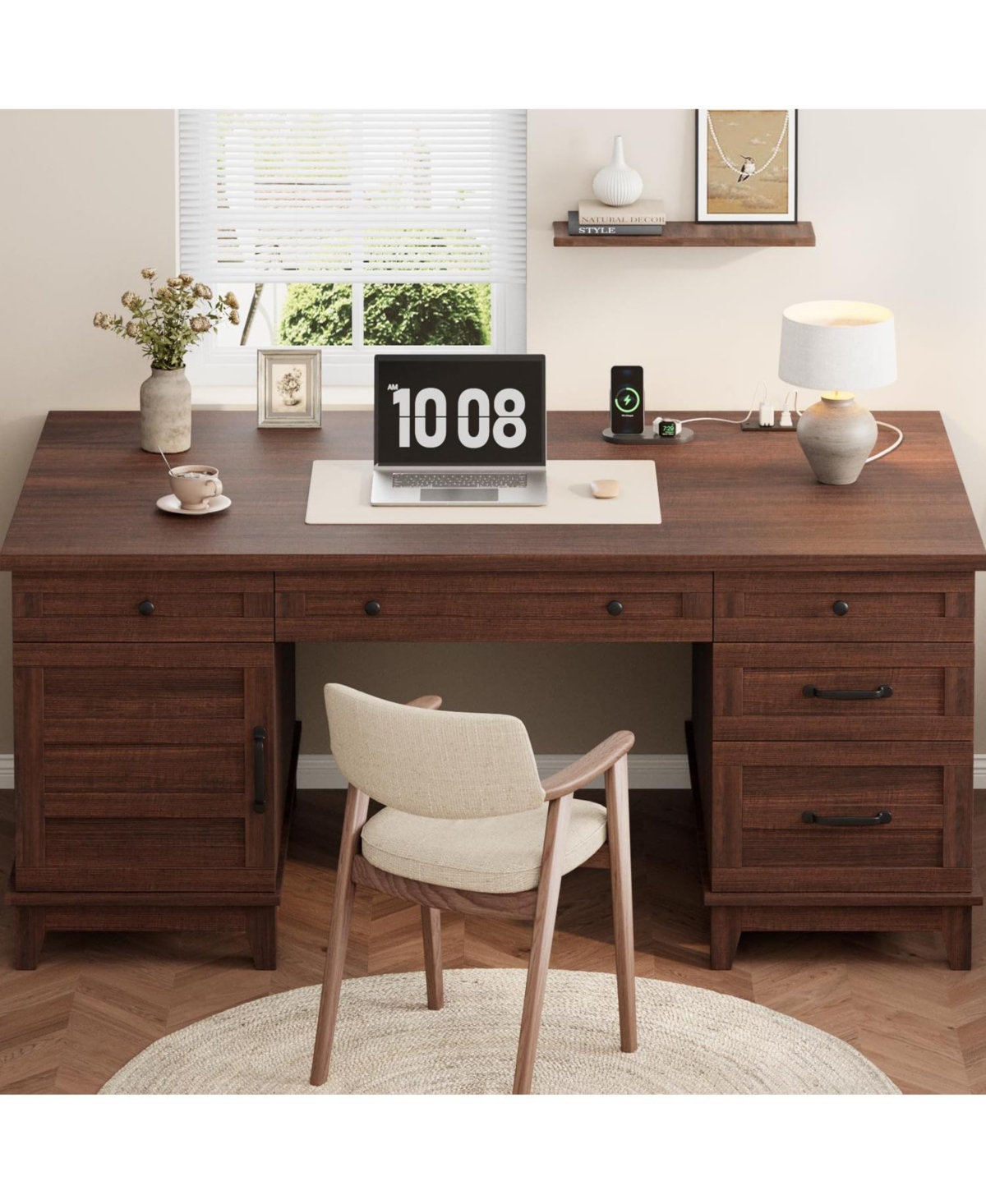 Gaomon 60" Farmhouse Executive Desk with File Drawers, Charging Station, Cabinet Storage, Home Office Computer Writing