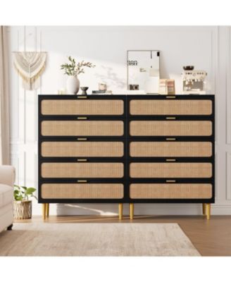 Rattan 5-Drawer Tall Dresser, Large Storage Chest with Deep Drawers and Wide Top for Bedroom, Closet or Hallway