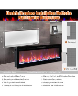 60" Recessed & Wall Mounted Electric Fireplace, Smart WiFi, Remote, Multicolor Flame, Log & Crystal Decor