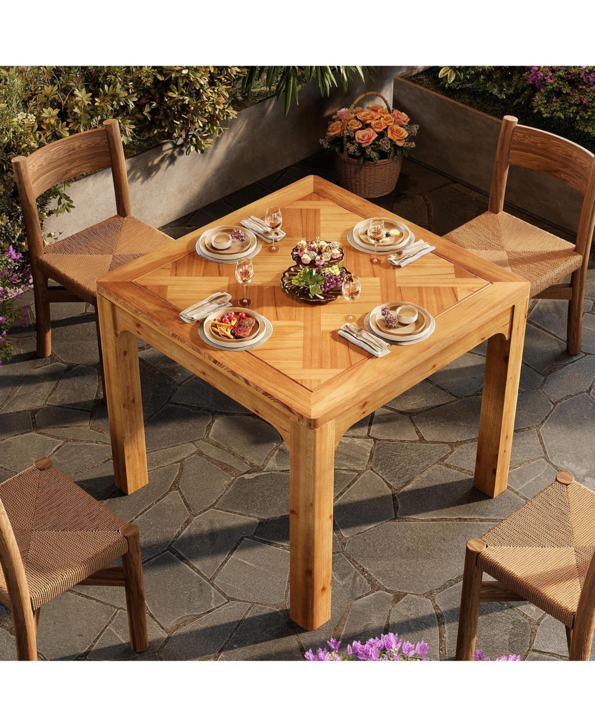 Tribesigns 31.5" Square Farmhouse Dining Table, Solid Wood Rustic Kitchen Table with 3D Textured Tabletop, Brown