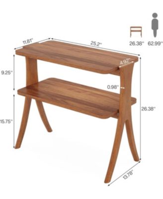 Walnut Side Table, Narrow End Table with 2-Tier Storage Shelf and Solid Wood Legs