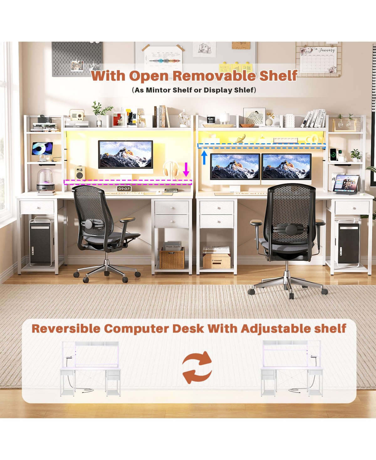 Aheaplus 47-55 inch Computer Desk with 3 Drawers and Storage Shelves