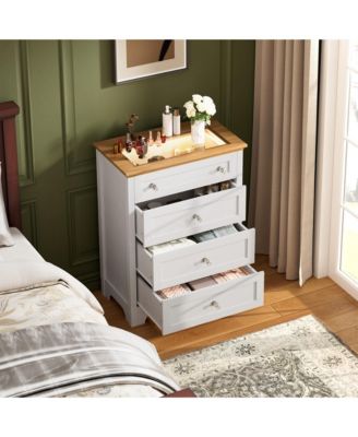 Drawer Dresser with LED Light - 4 Drawer Nightstand Cabinet with Night Light, Visible Glass Table-top
