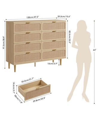 Rattan 8-Drawer Dresser, Tall Wood Chest with Wide Top, Large Storage Cabinet for Bedroom, Living Room, Hallway