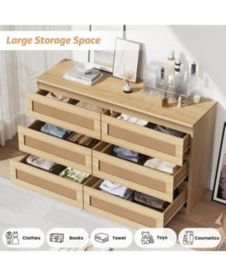 Rattan 6-Drawer Bedroom Dresser, Wide Wood Chest with Smooth Slide Rails and Anti-Tip Kit