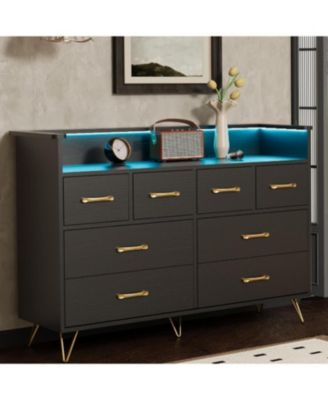  8-Drawer Dresser TV Stand, LED Lighting & Charging Station, Wide Entertainment Center with Open Storage for Bedroom Living Room