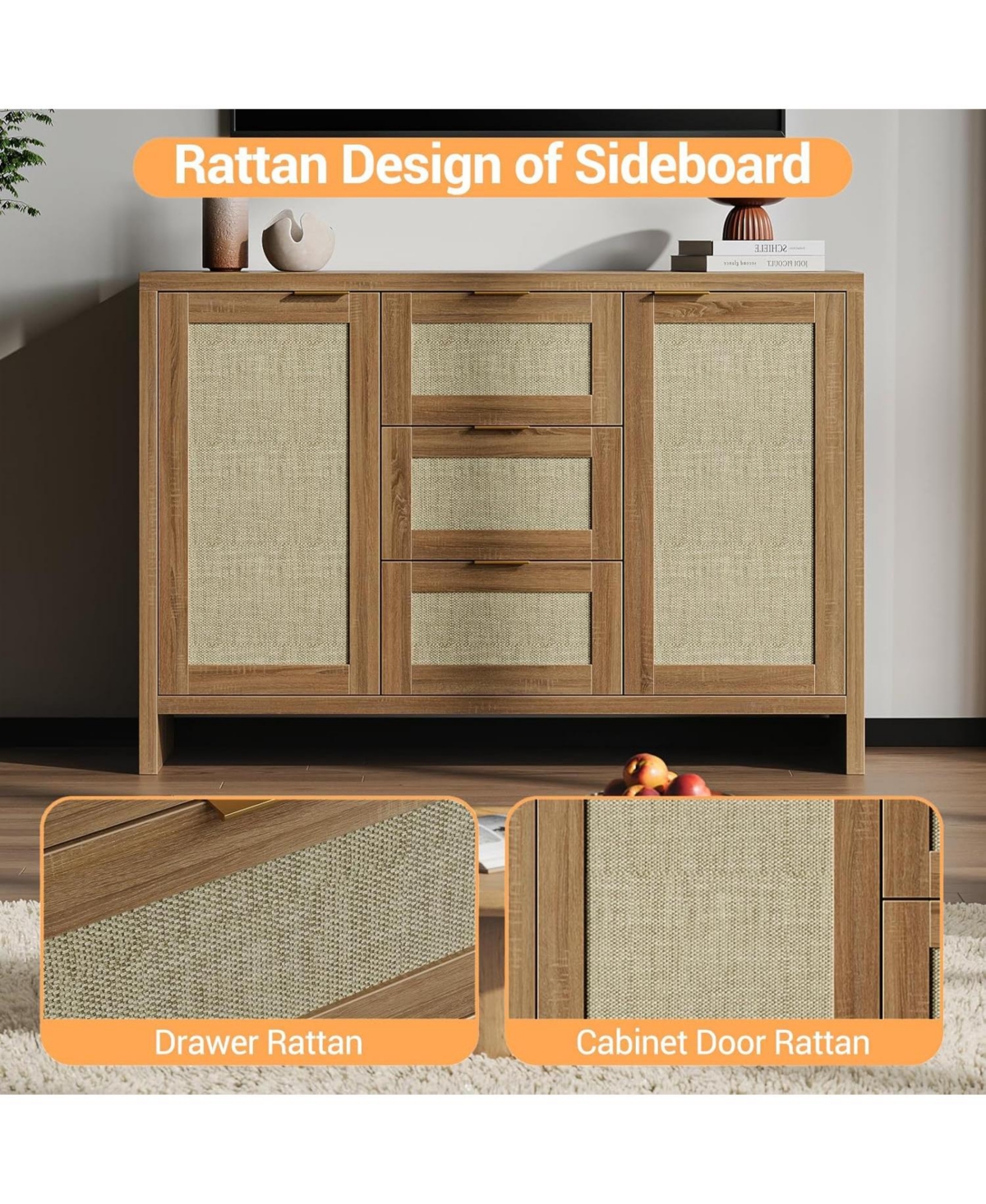 Gaomon 47" Rattan Sideboard Cabinet, Boho Credenza with Drawers & Doors, Coffee Bar Storage for Entryway/Living Room